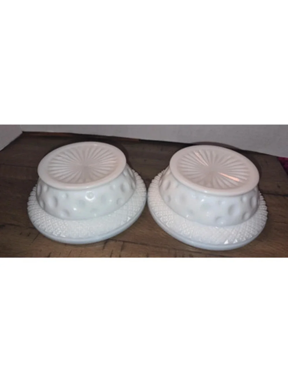 Milk Glass McKee Opal 5-3/8 Cereal Bowls Crosshatch VTG Diamond Thumbnail Dots